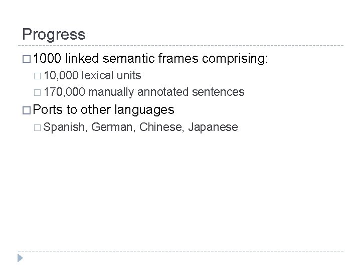 Progress � 1000 linked semantic frames comprising: � 10, 000 lexical units � 170,