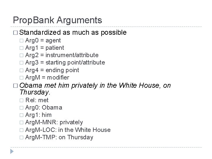 Prop. Bank Arguments � Standardized as much as possible Arg 0 = agent �