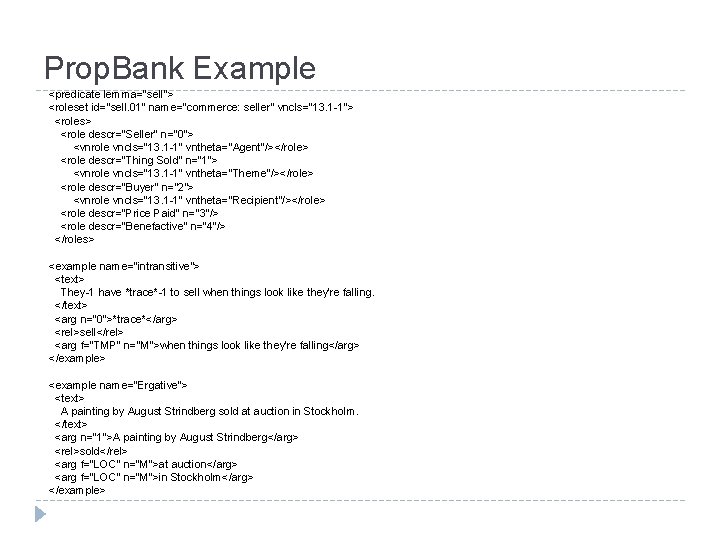 Prop. Bank Example <predicate lemma="sell"> <roleset id="sell. 01" name="commerce: seller" vncls="13. 1 -1"> <roles>
