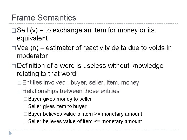 Frame Semantics � Sell (v) – to exchange an item for money or its