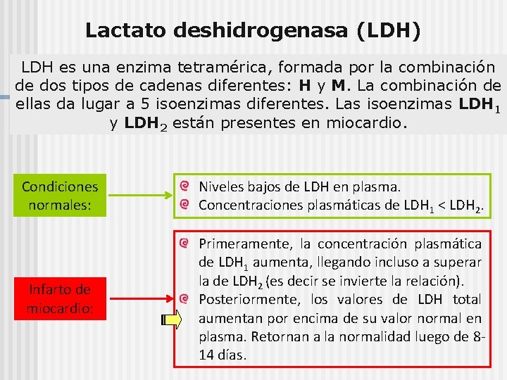 Lactato deshidrogenasa (LDH) LDH es una enzima tetramérica, formada por la combinación de dos