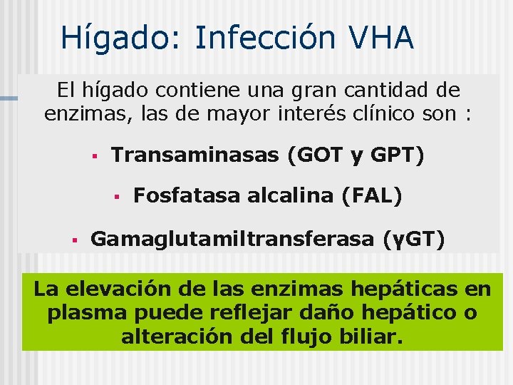 Hígado: Infección VHA El hígado contiene una gran cantidad de enzimas, las de mayor