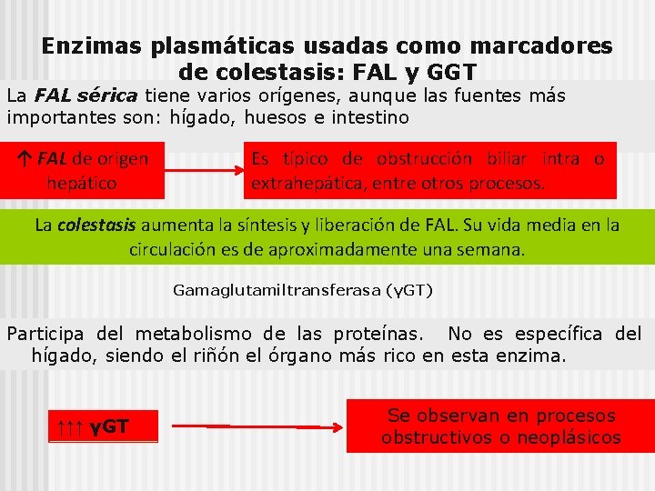 Enzimas plasmáticas usadas como marcadores de colestasis: FAL y GGT La FAL sérica tiene