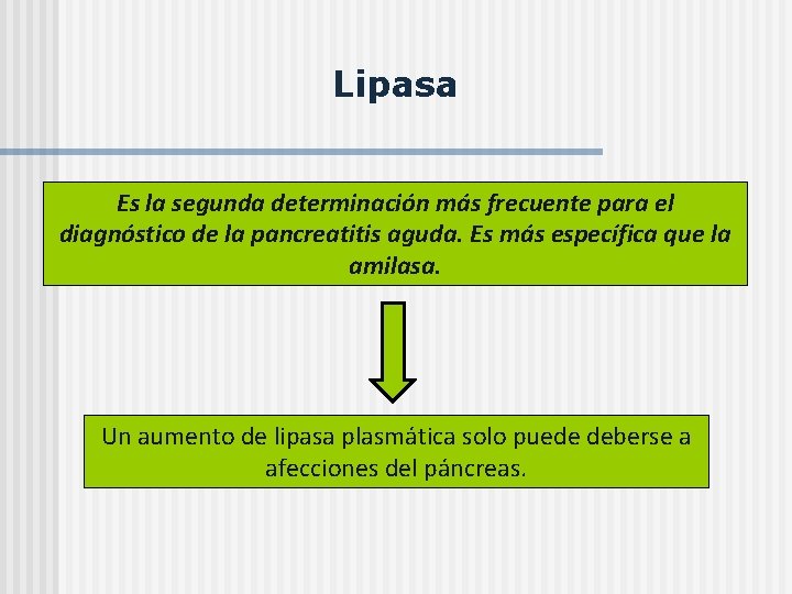 Lipasa Es la segunda determinación más frecuente para el diagnóstico de la pancreatitis aguda.