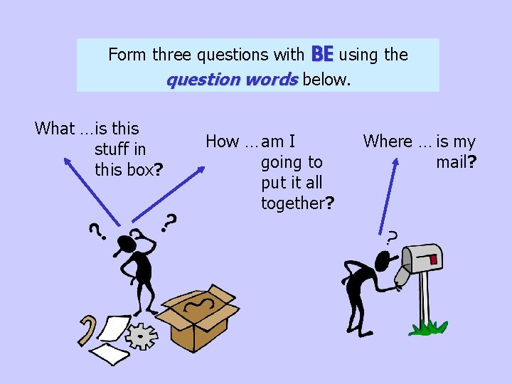 Form three questions with BE using the question words below. What … is this