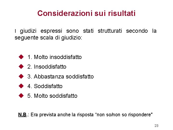 Considerazioni sui risultati giudizi espressi sono stati strutturati secondo la seguente scala di giudizio: