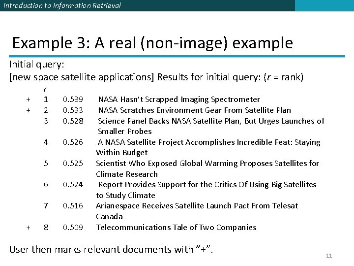 Introduction to Information Retrieval Example 3: A real (non-image) example Initial query: [new space