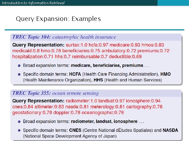 Introduction to Information Retrieval Query Expansion: Examples 48 