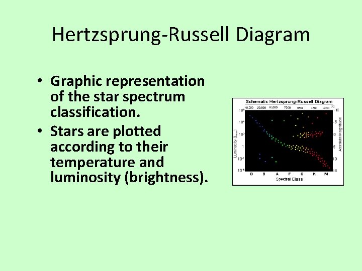 Hertzsprung-Russell Diagram • Graphic representation of the star spectrum classification. • Stars are plotted