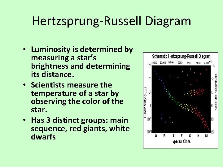 Hertzsprung-Russell Diagram • Luminosity is determined by measuring a star’s brightness and determining its