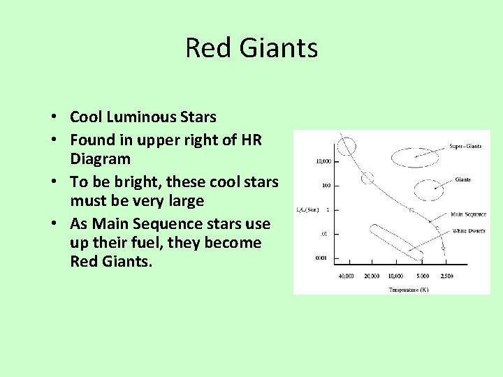 Red Giants • Cool Luminous Stars • Found in upper right of HR Diagram