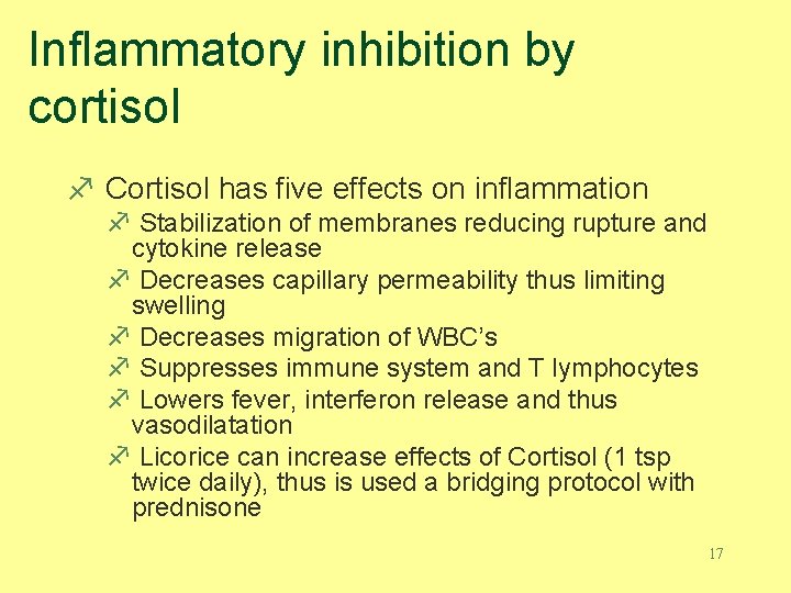 Inflammatory inhibition by cortisol f Cortisol has five effects on inflammation f Stabilization of