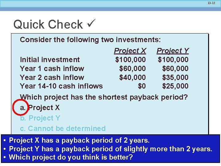 13 -15 Quick Check Consider the following two investments: Project X Project Y Initial