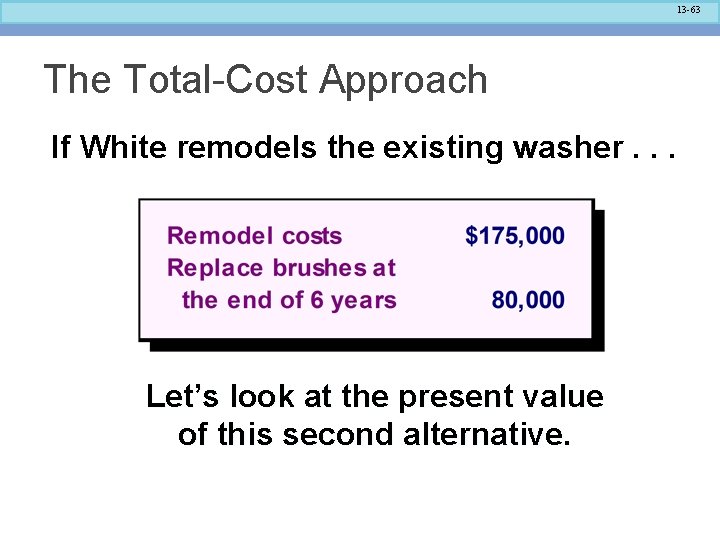13 -63 The Total-Cost Approach If White remodels the existing washer. . . Let’s