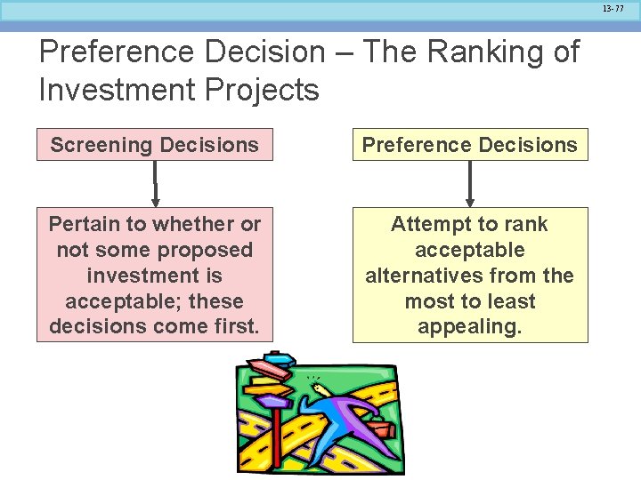 13 -77 Preference Decision – The Ranking of Investment Projects Screening Decisions Preference Decisions