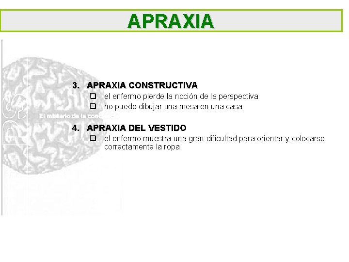 APRAXIA 3. APRAXIA CONSTRUCTIVA q el enfermo pierde la noción de la perspectiva q