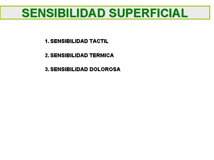 SENSIBILIDAD SUPERFICIAL 1. SENSIBILIDAD TACTIL 2. SENSIBILIDAD TERMICA 3. SENSIBILIDAD DOLOROSA 