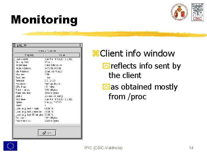 Monitoring z. Client info window yreflects info sent by the client yas obtained mostly