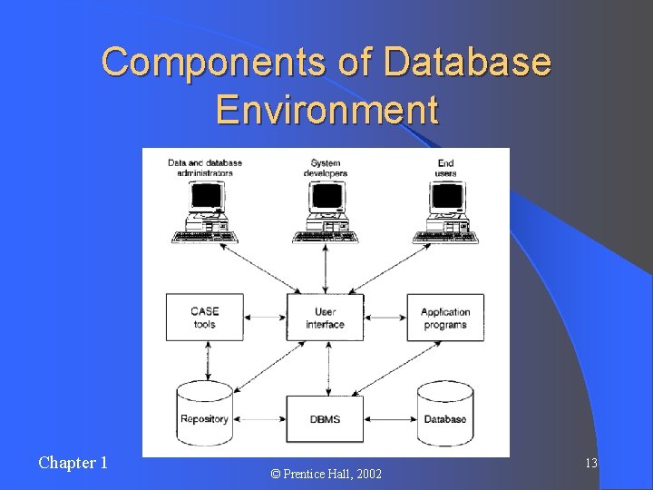 Components of Database Environment Chapter 1 © Prentice Hall, 2002 13 Components of Database Environment Chapter 1 © Prentice Hall, 2002 13