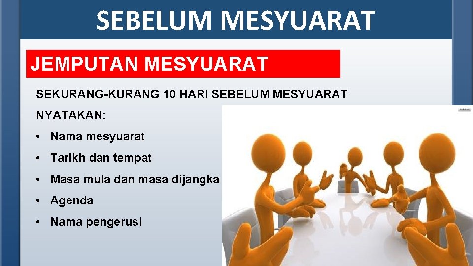 SEBELUM MESYUARAT JEMPUTAN MESYUARAT SEKURANG-KURANG 10 HARI SEBELUM MESYUARAT NYATAKAN: • Nama mesyuarat •