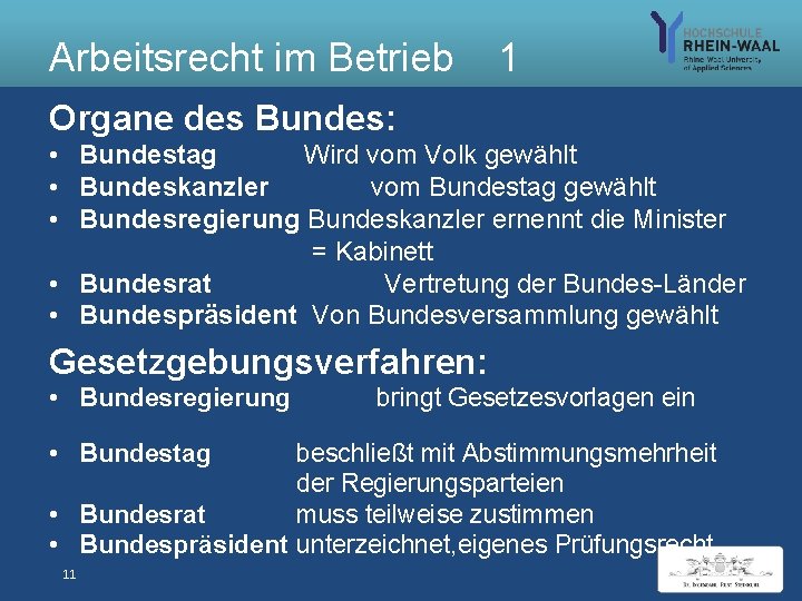 Arbeitsrecht im Betrieb 1 Organe des Bundes: • Bundestag Wird vom Volk gewählt •
