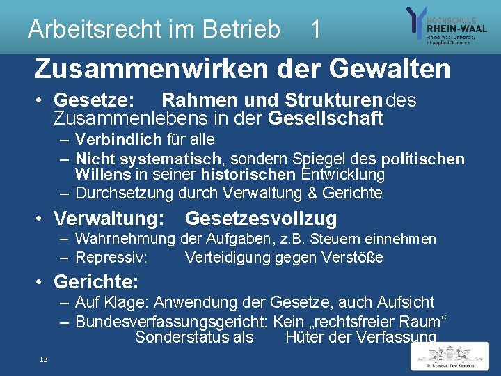 Arbeitsrecht im Betrieb 1 Zusammenwirken der Gewalten • Gesetze: Rahmen und Strukturen des Zusammenlebens
