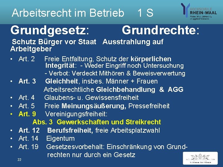 Arbeitsrecht im Betrieb 1 S Grundgesetz: Schutz Bürger Arbeitgeber Grundrechte: vor Staat Ausstrahlung auf