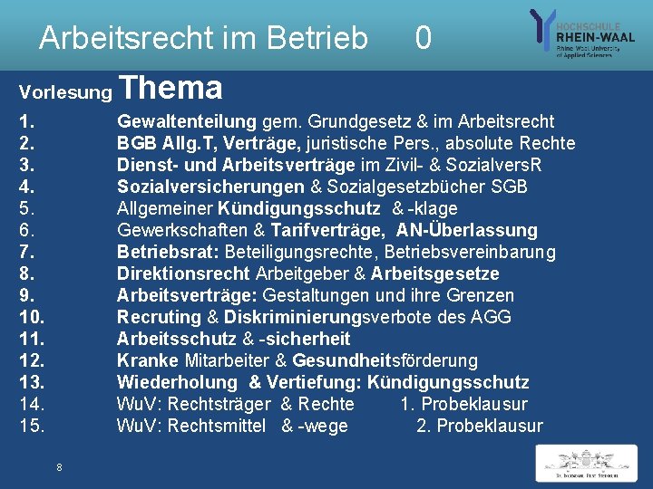 Arbeitsrecht im Betrieb 0 Vorlesung 1. 2. 3. 4. 5. 6. 7. 8. 9.