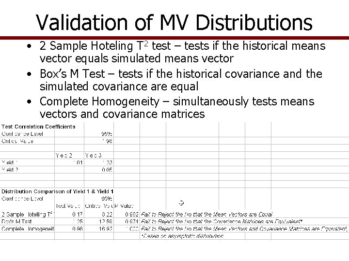 Validation of MV Distributions • 2 Sample Hoteling T 2 test – tests if