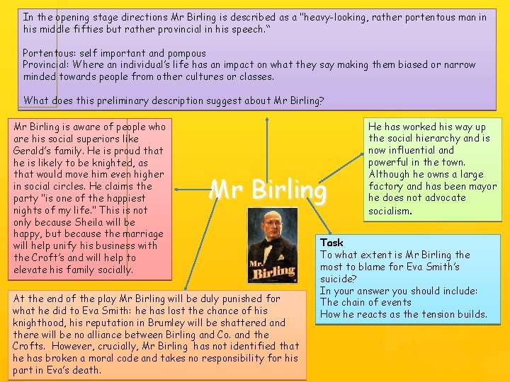 In the opening stage directions Mr Birling is described as a "heavy-looking, rather portentous In the opening stage directions Mr Birling is described as a "heavy-looking, rather portentous