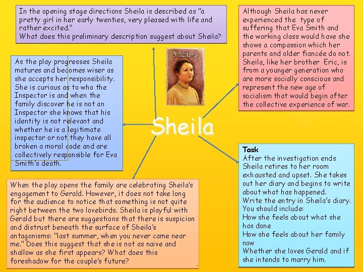 In the opening stage directions Sheila is described as "a pretty girl in her In the opening stage directions Sheila is described as "a pretty girl in her