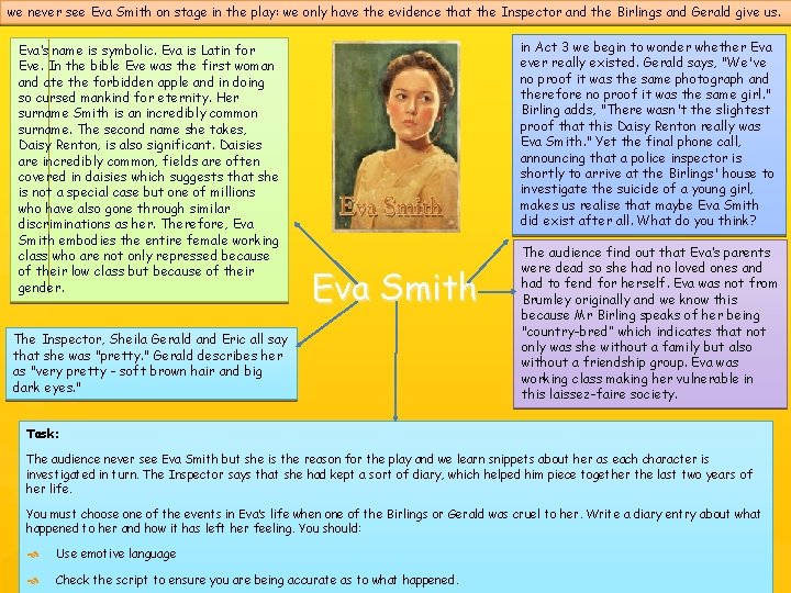 we never see Eva Smith on stage in the play: we only have the we never see Eva Smith on stage in the play: we only have the