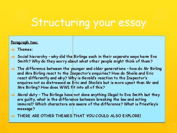 Structuring your essay Paragraph two: Themes: Social hierarchy – why did the Birlings each Structuring your essay Paragraph two: Themes: Social hierarchy – why did the Birlings each