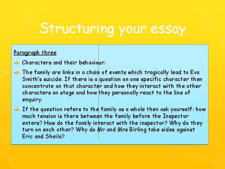 Structuring your essay Paragraph three Characters and their behaviour: The family are links in Structuring your essay Paragraph three Characters and their behaviour: The family are links in