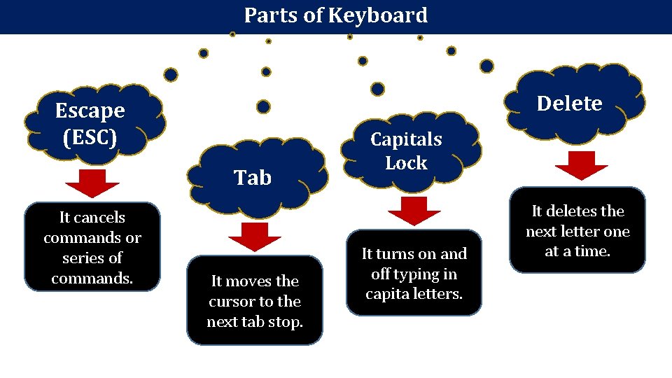 Parts of Keyboard Delete Escape (ESC) Tab It cancels commands or series of commands.