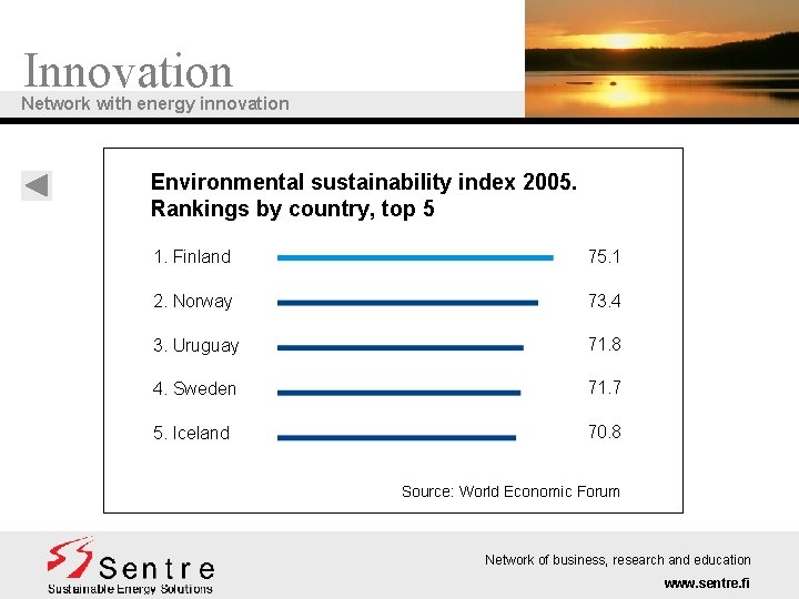 Innovation Network with energy innovation Environmental sustainability index 2005. Rankings by country, top 5