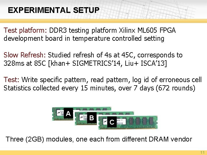 EXPERIMENTAL SETUP Test platform: DDR 3 testing platform Xilinx ML 605 FPGA development board