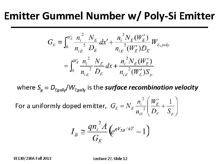 Emitter Gummel Number w/ Poly-Si Emitter where Sp DEpoly/WEpoly is the surface recombination velocity