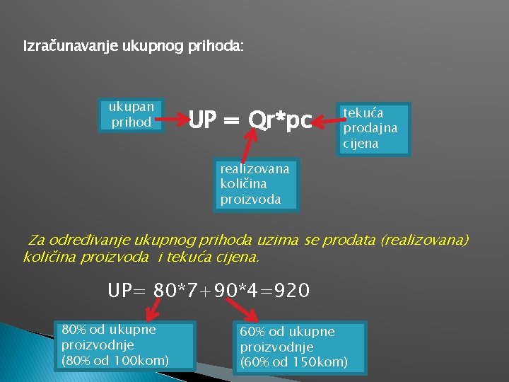 Izračunavanje ukupnog prihoda: ukupan prihod UP = Qr*pc tekuća prodajna cijena realizovana količina proizvoda