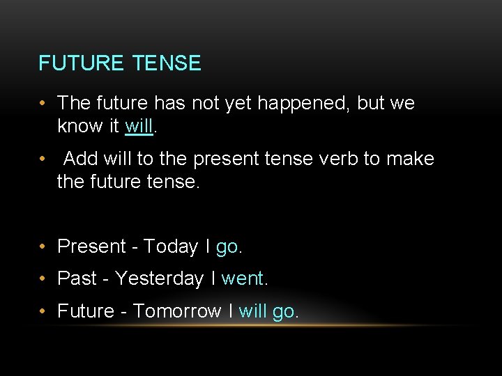 FUTURE TENSE • The future has not yet happened, but we know it will.
