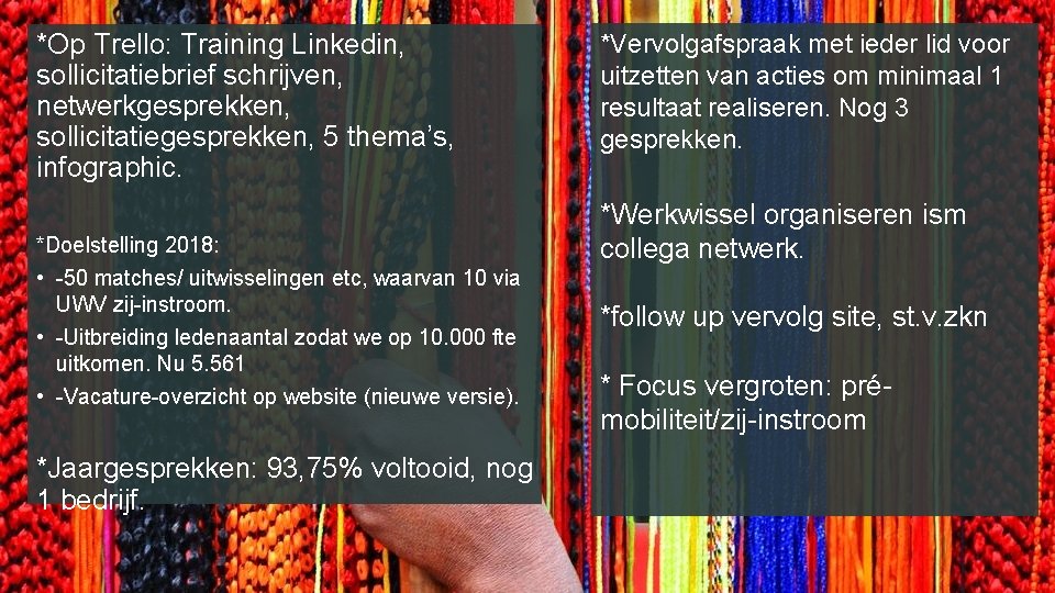 *Op Trello: Training Linkedin, sollicitatiebrief schrijven, netwerkgesprekken, sollicitatiegesprekken, 5 thema’s, infographic. *Doelstelling 2018: •