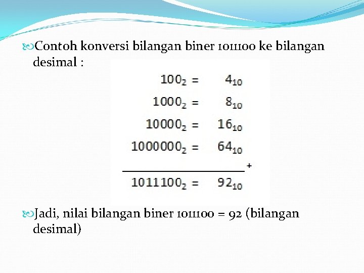  Contoh konversi bilangan biner 1011100 ke bilangan desimal : Jadi, nilai bilangan biner