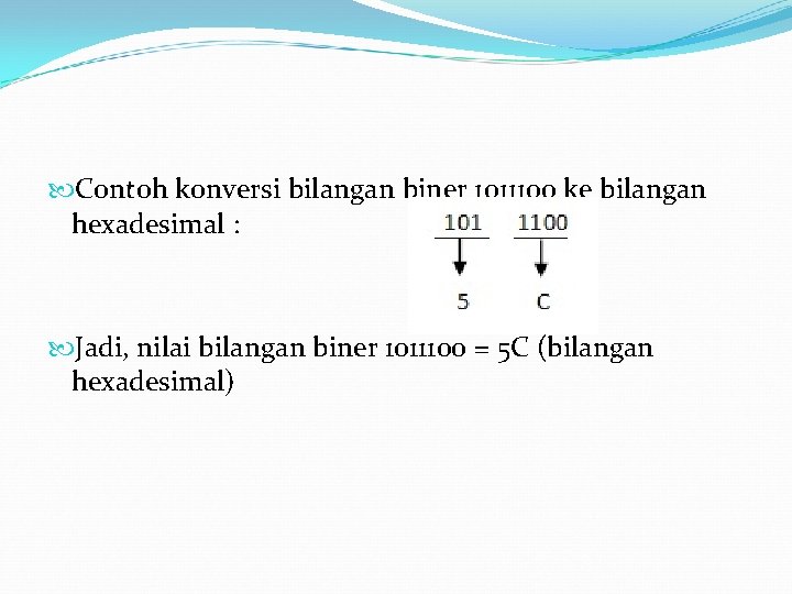  Contoh konversi bilangan biner 1011100 ke bilangan hexadesimal : Jadi, nilai bilangan biner