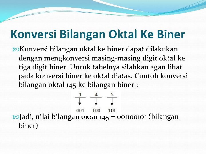 Konversi Bilangan Oktal Ke Biner Konversi bilangan oktal ke biner dapat dilakukan dengan mengkonversi