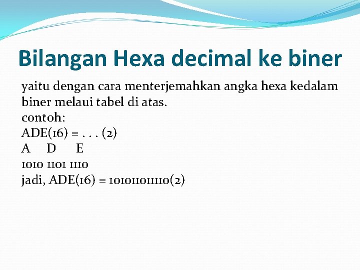 Bilangan Hexa decimal ke biner yaitu dengan cara menterjemahkan angka hexa kedalam biner melaui