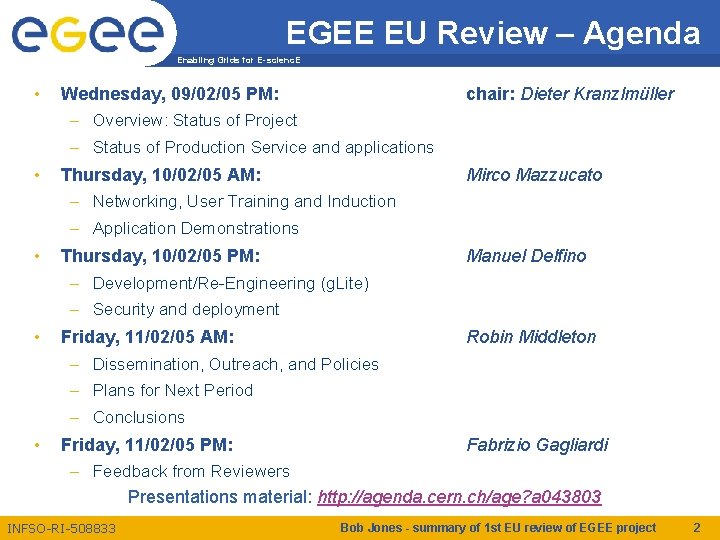 EGEE EU Review – Agenda Enabling Grids for E-scienc. E • Wednesday, 09/02/05 PM: