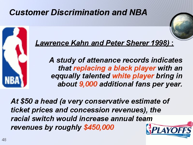Customer Discrimination and NBA Lawrence Kahn and Peter Sherer 1998) : A study of Customer Discrimination and NBA Lawrence Kahn and Peter Sherer 1998) : A study of