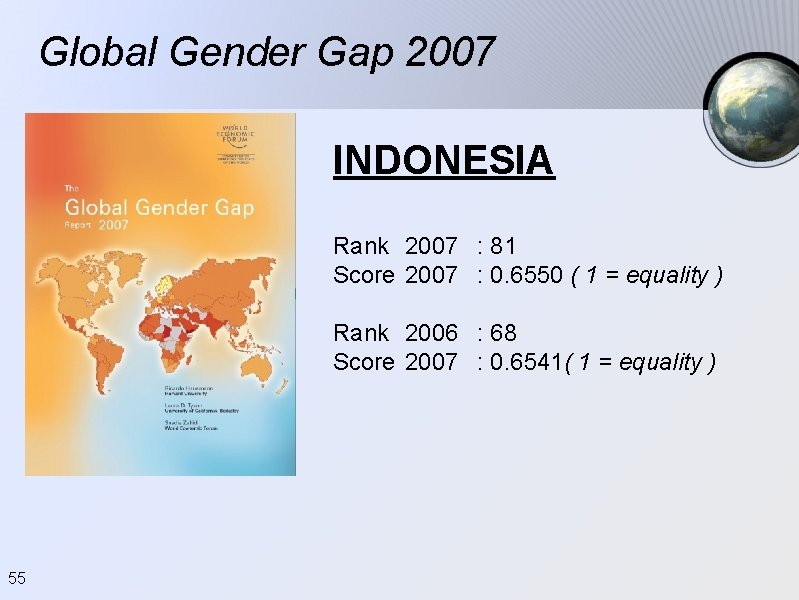 Global Gender Gap 2007 INDONESIA Rank 2007 : 81 Score 2007 : 0. 6550 Global Gender Gap 2007 INDONESIA Rank 2007 : 81 Score 2007 : 0. 6550
