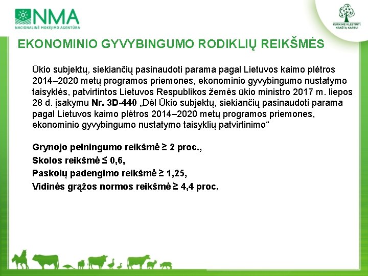 EKONOMINIO GYVYBINGUMO RODIKLIŲ REIKŠMĖS Ūkio subjektų, siekiančių pasinaudoti parama pagal Lietuvos kaimo plėtros 2014–