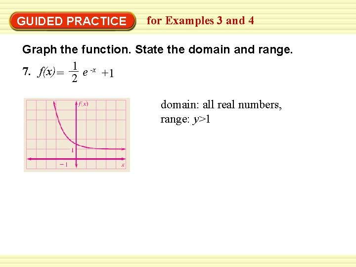 GUIDED PRACTICE for Examples 3 and 4 Graph the function. State the domain and